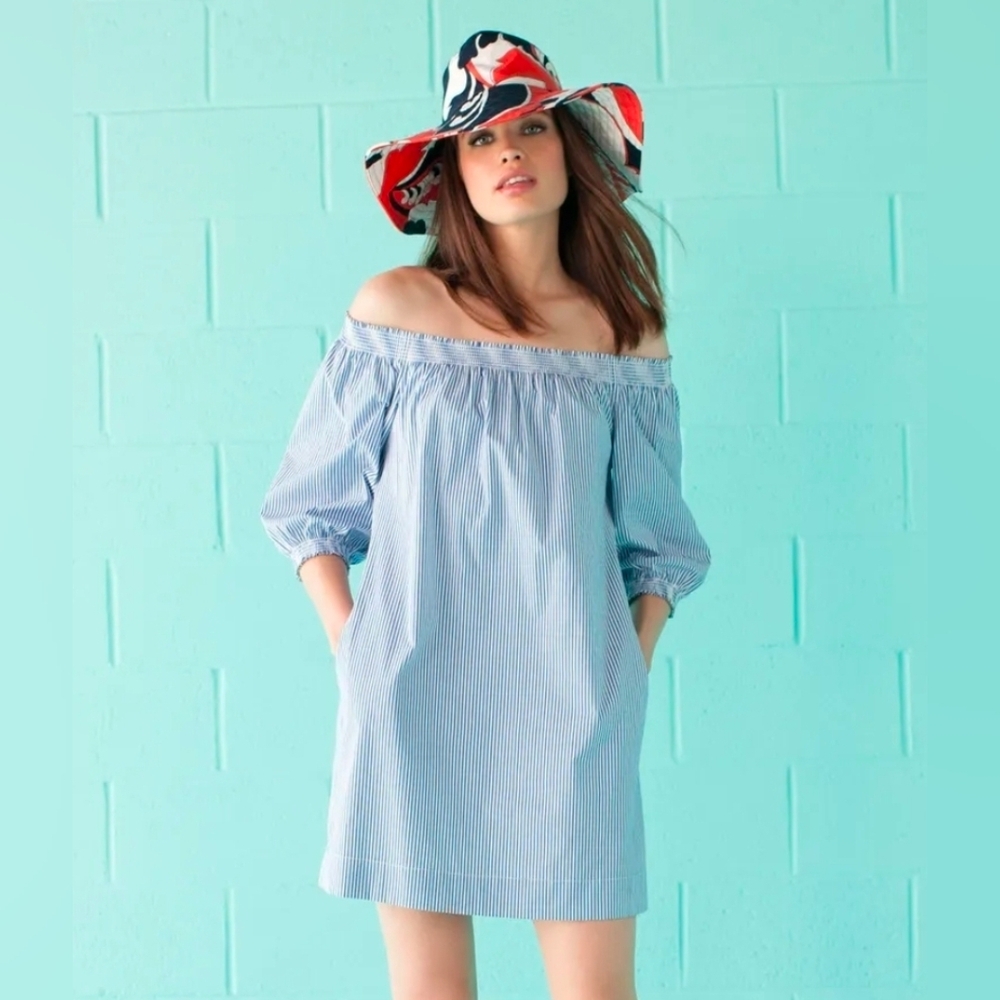 TRINA TURK Blue & White Striped Shift Dress Off-Shoulder Sz Large